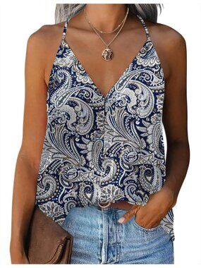 Women's White Blue Sleeveless V Neck Silk Satin Causal Pull On Blouse Tank Tops
